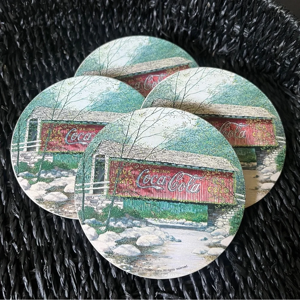 Vtg Coca-Cola Absorbent Stoneware 4 Coaster Set Collectible Coke Covered Bridge
